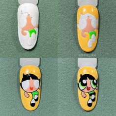 Beginner Character Nail Art, Nail Character Designs, Cartoon Nail Designs Step By Step, Cartoon Nail Art Step By Step, Character Art Nails, Character Nail Art Step By Step, Nail Art Character, Cartoon Character Nail Art, Cartoon Character Nails