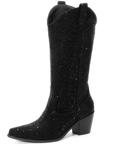 PRICES MAY VARY. 👢[Premium Material] These rhinestone cowboy boots are made of high-quality Faux suede leather material, soft and comfortable, wear-resistant and durable. Anti-slip Rubber sole.The surface is studded with shiny rhinestones, which will bring a twist to your average western boot. 👢[Design] These cowboy cowgirl boots for Women are designed with sparkly rhinestone ,glitter style will make you be the star in any occasions. The sparkly rhinestone black cowboy boots have no zipper, ea Black Glitter Cowboy Boots, Rhinestone Cowboy Boots, Black Cowgirl Boots, Rhinestone Cowboy, Black Boots Outfit, Boots Mid Calf, Boot Design, Black Cowboy Boots, Black Cowboy