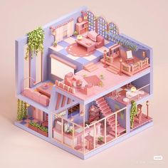 a cut - out of a pink house with lots of furniture and plants on the top floor