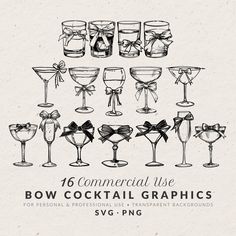 a bunch of glasses with bows on them and the words, 16 commercial use bow cocktail graphics