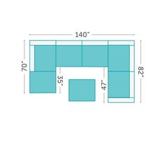 a blue couch with measurements for the seat and back side, including an area to sit on