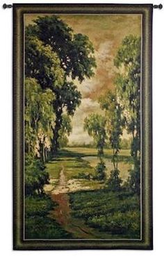 a painting hanging on the wall above a river