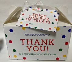 a thank you card in a box that says, enjoy this box of treats now