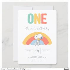 a birthday card with a snoopy dog on the front and rainbow in the back