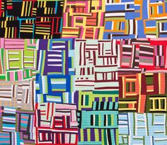 an abstract painting made up of squares and lines in multicolors on a white background