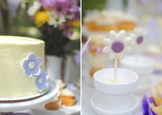 there are two pictures of cakes and cupcakes on the same plate, one is white with purple flowers