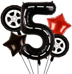 PRICES MAY VARY. RACE CAR BIRTHDAY PARTY SUPPLIES: 1 x 40inches black number 5 balloon (with white lines), 2 x 18inches wheels balloons, 2 x 18inches star balloons (1 black, 1 red), 1 x straw, 1 x ribbon. ALL IN ONE DESIGN: Race car 5th birthday balloon, and foil tire balloons, great combination of birthday and racing elements, stylish race car party decorations for birthday boys and men, help children adults step in cool racing atmosphere. WIDE OCCASIONS: The racing balloons can be applied for, Car Birthday Balloons, Birthday Race Car Theme, Race Car Birthday, Car Birthday, Race Car, Theme Party, Birthday Party Decorations, Party Decor, Balloons