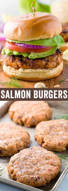 salmon burgers with lettuce, tomato and onion on a baking sheet in front of them