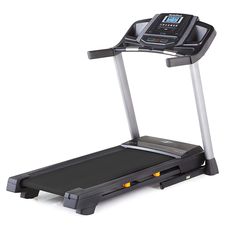 a treadmill with an electronic display on the front and back wheels, in black