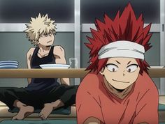 two anime characters sitting on the floor in front of a table with plates and bowls