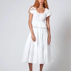 Staud Nwt Martina Dress In White Summer Tiered Midi Size Small - A-Line - Round Neck - Short Sleeves - Midi Length - Drawstring At Waist - Smocked Waist - Tiered Skirt Materials 98% Cotton, 2% Elastin New With Tags, No Flaws Noted. Casual Staud Dresses For Daywear, Casual Staud Daywear Dress, Casual Daywear Dresses By Staud, Staud Cotton Dress For Daywear, Staud Midi Dress For Summer Daywear, Elegant White Staud Dress, White Fitted Staud Dress, Elegant White Staud Midi Dress, Fitted White Staud Dress