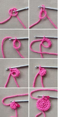 four pictures showing how to crochet an object