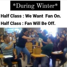 a group of people sitting at tables in front of a sign that says, during winter half class we want fan on half class fans will be off