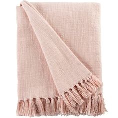 a pink throw blanket with fringes on the bottom and one end folded in two different colors