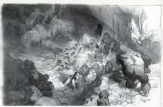 this is an image of a group of people in the cave with elephants and other animals