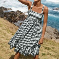 Black & White Puckered Gingham Dress With Eyelet Trim. Brand New With Tag Attached. Never Worn. Lined Pockets Absolutely Adorable! Size 000 Short Black Gingham Dress, Black And White Gigham Dress Fall, Gingham Pattern Dress, Gingham And Heels Dress, Gingham Square Neck Dress For Picnic, Plaid Cotton Sundress For Vacation, Spring Gingham Sundress With Ruffles, Summer Plaid Dress With Square Neck And Ruffles, Gingham Sundress For Brunch