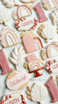 decorated cookies are displayed on a table