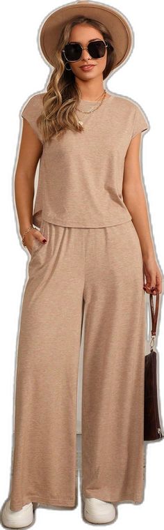 Wide Leg Solid Color Jumpsuits And Rompers For Loungewear, Casual Long Pants Jumpsuits In Solid Color, Casual Long Pants Jumpsuits And Rompers, Casual Stretch Jumpsuits, Slant Pocket Pants, Round Neck Top, Round Neck Tops, Pocket Pants, Two Piece Outfit