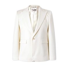 A white blazer is ideal to wear with the colourful shirts you've reserved for sunnier months. SAINT LAURENT's version has been tailored in Italy from wool-gabardine that's both comfortable and breathable. It's designed with sharp peak lapels and lightly padded shoulders to create the illusion of broader proportions. Small to size. See Size & Fit notes. Classic White Wool Suit, White Wool Suit For Work, Designer White Blazer For Semi-formal Occasions, White Spring Blazer With Pressed Crease, Classic White Wool Blazer, Formal White Wool Blazer, Designer White Single Breasted Suit, Designer White Single-breasted Suit, White Wool Blazer With Lapel Collar