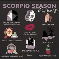 a poster with different types of art on it's black background, including the words scorpio season rituals