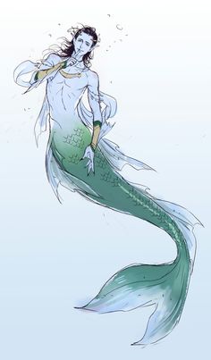 a drawing of a mermaid with her hair blowing in the wind and holding a staff