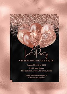 a pink and black birthday party card with balloons on the front, in gold glitter