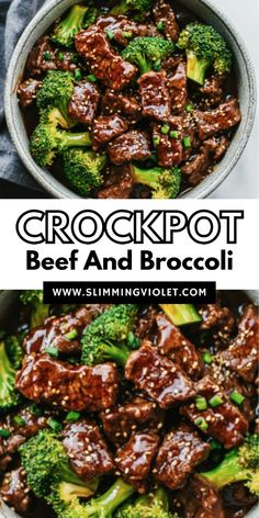 beef and broccoli in a skillet with the words crockpot beef and broccoli