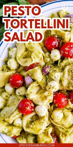 pesto tortellini salad in a white bowl on a blue and white plate