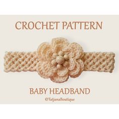 a crochet headband with a flower on top and the words baby headband below it