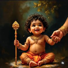 a painting of a baby sitting on the ground with a stick in his hand and holding it's mother's hand