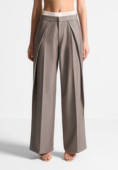 Satin Waistband Pinstripe Trousers - Taupe | Manière De Voir USA Formal Trousers Women, Pinstripe Trousers, Leg Sleeves, High Hips, Tailored Pants, Clothes Accessories, Trousers Women, Amazing Women, Best Sellers