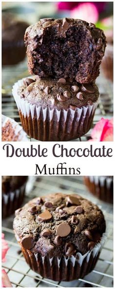 double chocolate muffins on a cooling rack with the words double chocolate muffins above them