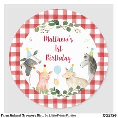 a red and white checkered plate with animals on it that says, person's 1st birthday