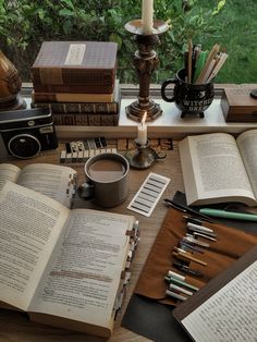 an open book sitting on top of a wooden table