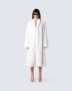 A coat that makes a statement 💋 Step out on those chilly streets while bringing the heat in this ivory midi vegan fur coat 🔥 Elegant Winter White Fur Coat With Faux Fur Lining, Elegant Winter White Faux Fur Coat, White Fur Coat For Fall, Elegant Winter White Faux Fur Outerwear, Luxury Winter White Fur Coat For Winter, Luxury Winter White Fur Coat, Elegant White Faux Fur Outerwear, Luxury Faux Fur Spring Coat, Luxury Faux Fur Winter White Outerwear