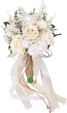 a bridal bouquet with white flowers and greenery is tied to a burlock