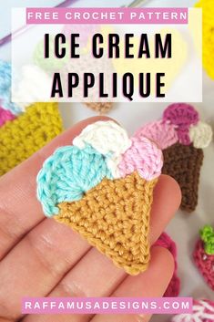 an ice cream crochet applique is shown with the text overlay