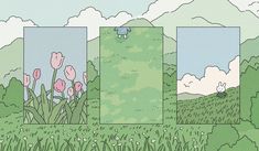 three panels with flowers and an animal in the middle one is green, the other has pink tulips