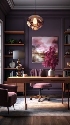 an office with purple walls and wooden flooring is pictured in this image, there are two chairs at the desk