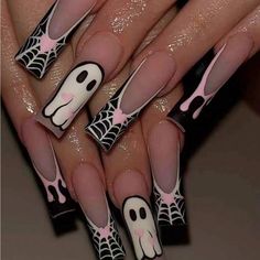 Horror Nails, Ballet Nails, Cute Halloween Nails, Easy Nails, Acrylic Nails Coffin Pink, Spider Webs