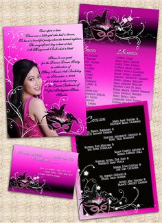 a pink and black wedding card with an image of a woman