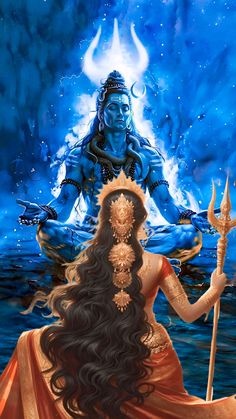 the hindu god sitting on top of a body of water in front of a blue background