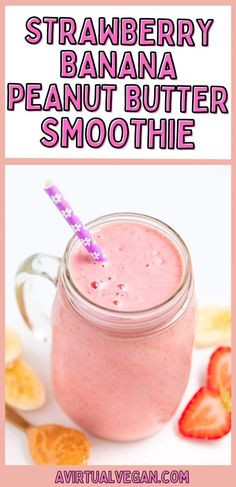 strawberry banana peanut butter smoothie in a mason jar