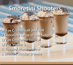 there are three shots in glasses with whipped cream and chocolate syrup on them, along with information about the drinks