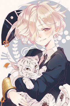 an anime character holding a white cat