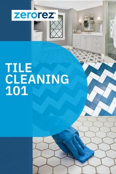 a tile cleaning flyer with blue gloves on the floor and an image of a bathroom