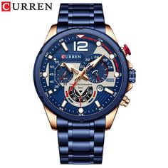 Color: blue Mens Fashion Watches, Waterproof Watch, Blue Box, Men's Watches, Bracelet Clasps, Stainless Steel Band, Wristwatch Men, Sport Watches, Stainless Steel Watch