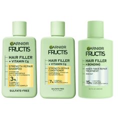 Garnier Fructis Hair Filler Vitamin Strength Repair Shampoo, Conditioner, & Treatment Set, 10.1 fl oz. Our sulfate-free Hair Filler + Vitamin Cg system, formulated with Vitamin Cg + Citric Acid + Repair Care Complex, fills weak, damaged hair with strength. Fill hair with strength 7 layers deep with our system for inner fiber repair, and outer visible transformation. INNER: Repairs and strengthens broken bonds deep in the cortex, hair fibers inner layer*. OUTER: Up to 79% stronger hair with up to Garnier Shampoo, Hair Filler, Castor Oil Shampoo, Broken Bonds, Carboxylic Acid, Hair Milk, Shampoo And Conditioner Set, Garnier Fructis, Stronger Hair