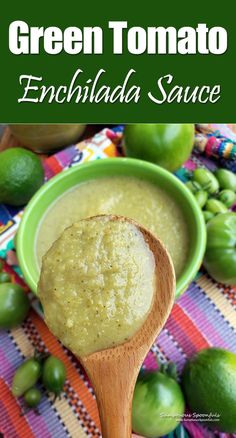 green tomato enchilada sauce in a bowl with a wooden spoon