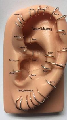 the inside of a human ear with several different types of piercings on each side